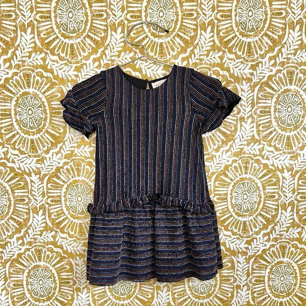NWT Hannah Banana Girl’s Metallic Lurex Stripe Short Sleeve Ruffle Dress Sz 6